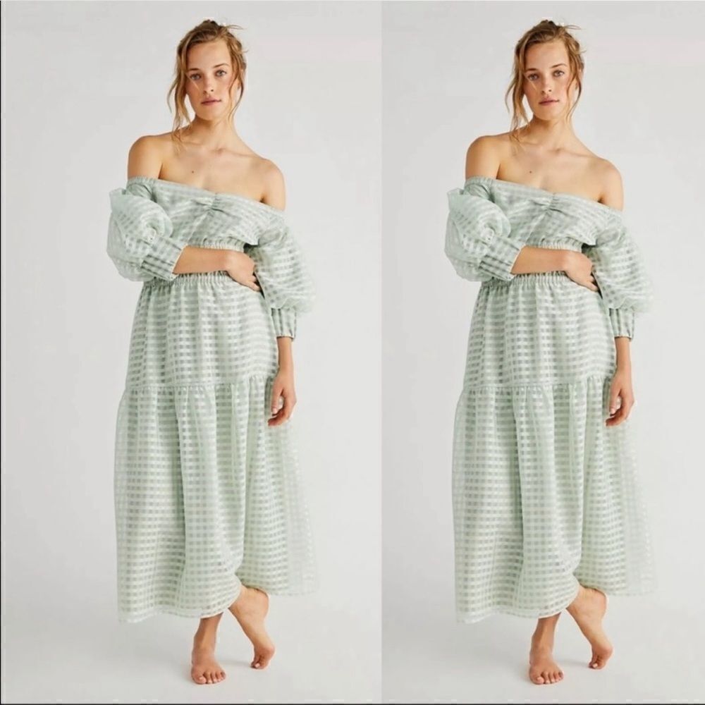 Free People - mint green Midi Dress with Puff Sleeves